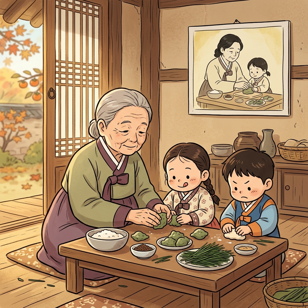 Every Chuseok, grandma teaches the kids the family tradition of making songpyeon together.