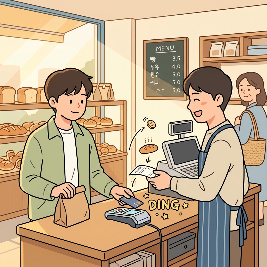 The cashier completes the transaction as the customer taps their card.