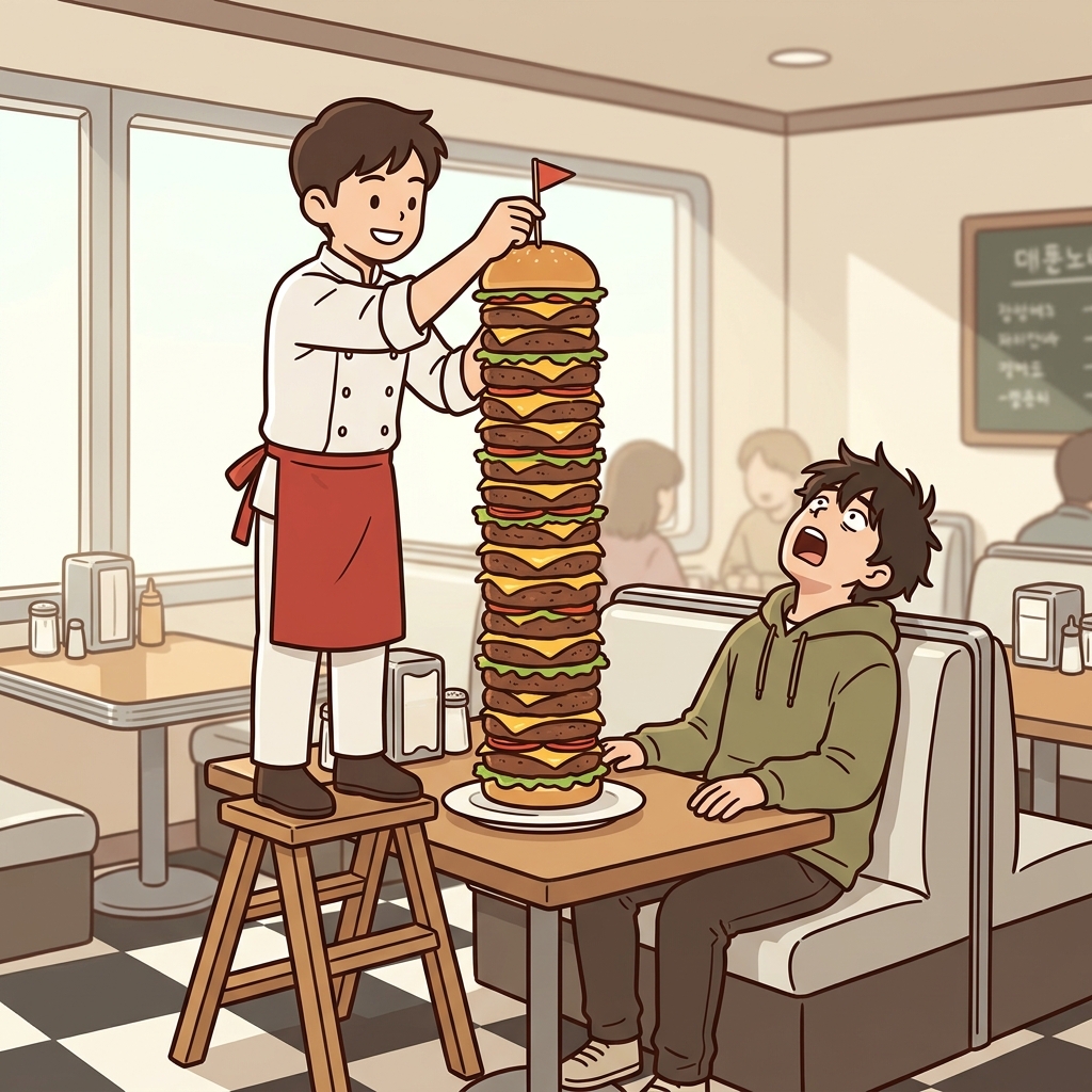The ambitious chef used a stepladder to serve his giant burger, which completely transcended the limits of a normal meal.