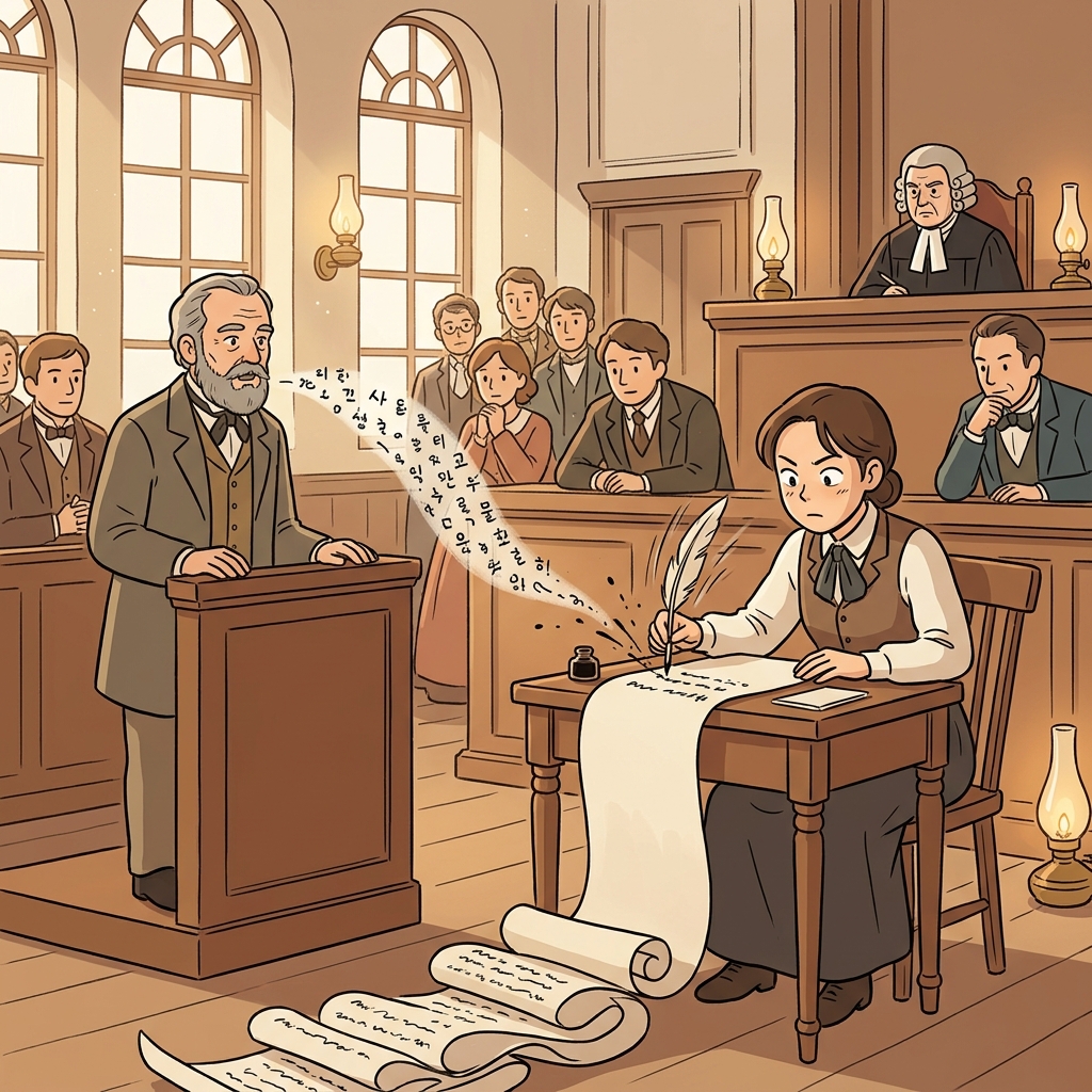 The court clerk carefully transcribes every word the witness says.
