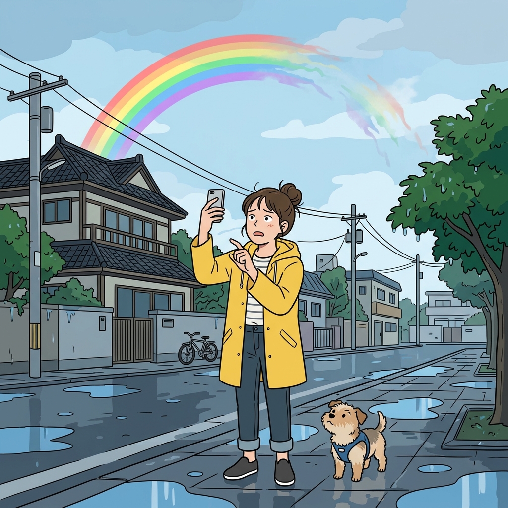 The transient rainbow vanished before she could take a photo.