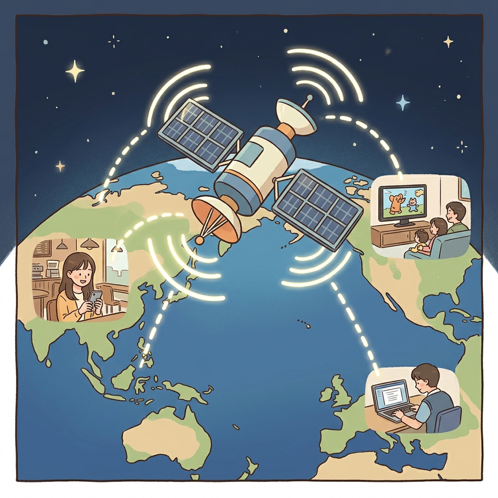 The satellite transmits signals around the world every second.