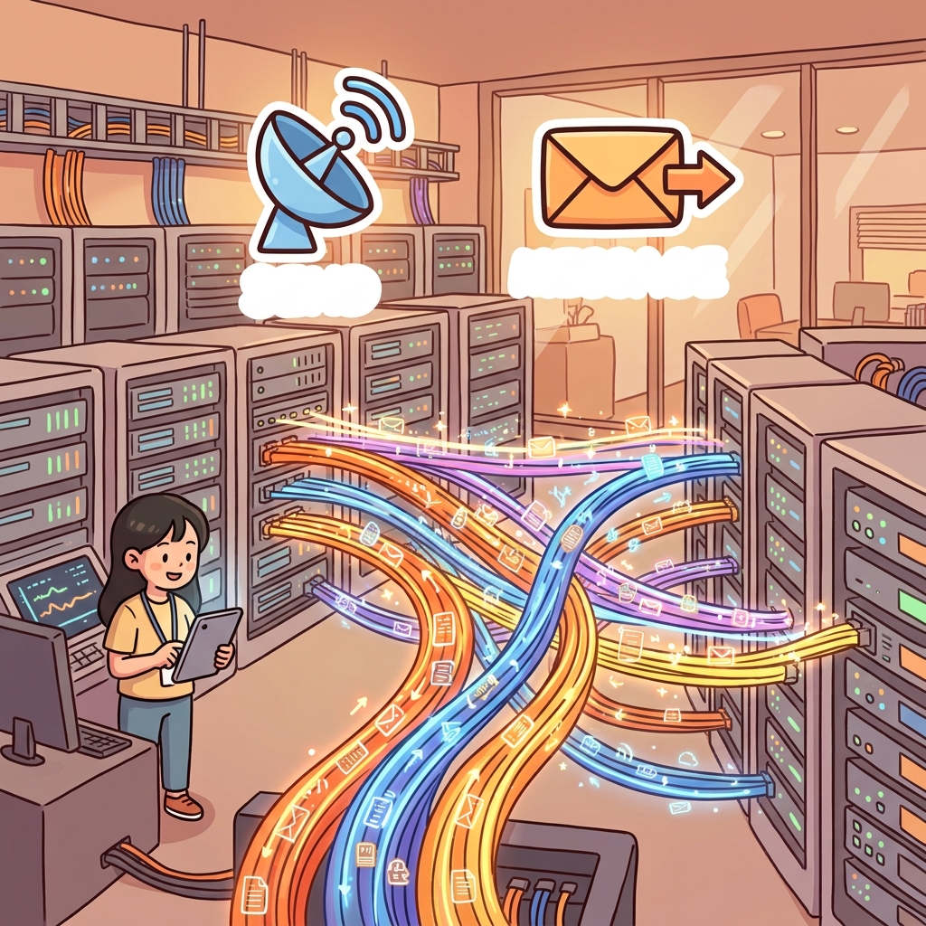 Fiber-optic cables transmit huge amounts of data every day. (📡 Send + 📨 Message → Transmit)