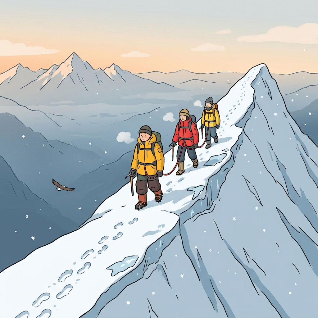 The explorers traverse the icy mountain ridge step by careful step.