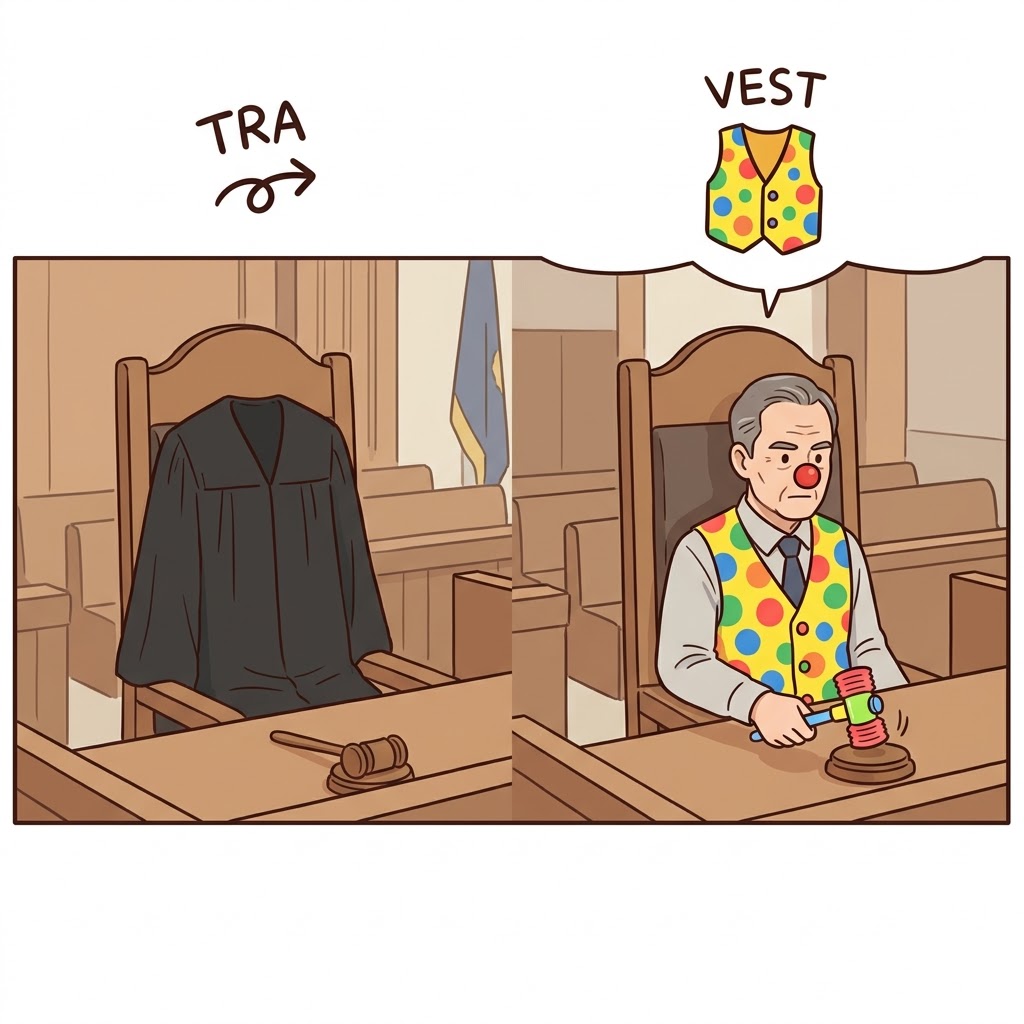 TRA(change) + VEST(clothes) — changing into a colorful clown VEST in the courtroom turned the serious trial into a complete travesty.
