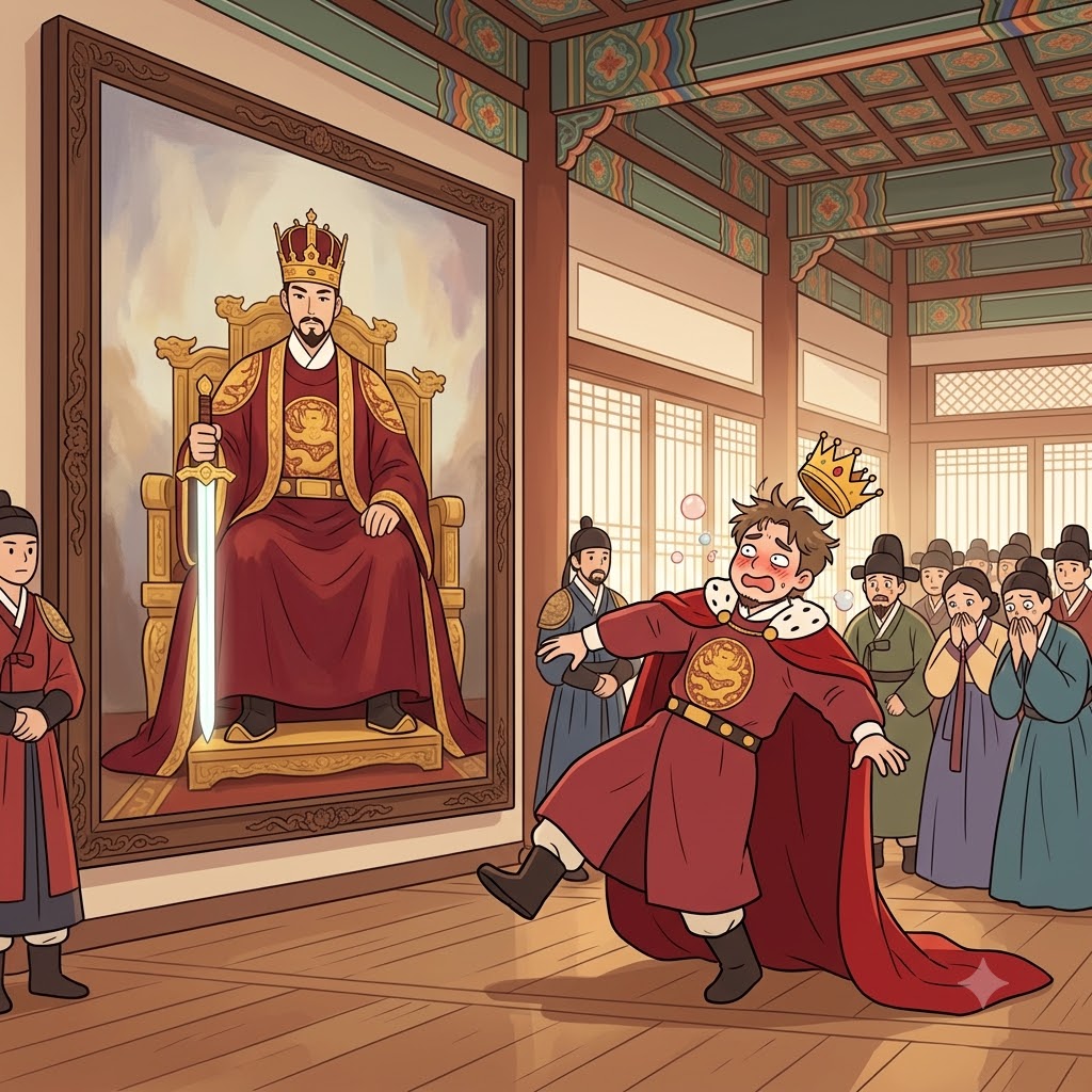 Expecting to see the king's true majesty, the crowd was shocked when his foolish behavior turned the ceremony into a travesty.