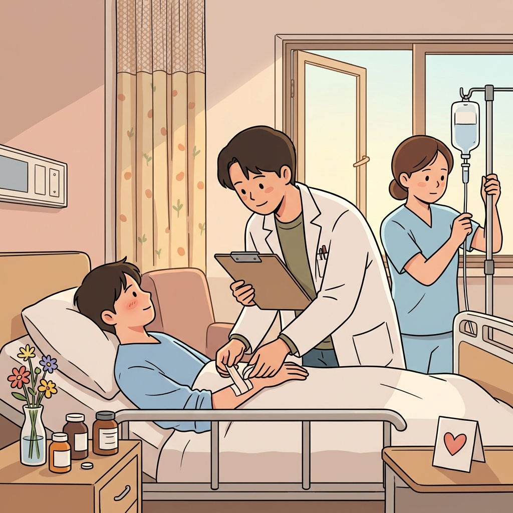 의사가 정성껏 치료해 주자 환자가 조금씩 회복되고 있다.