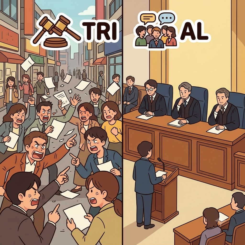 TRI(three) + AL(all) — carefully listening to AL(all) the witnesses, the TRI(three) judges conducted a fair trial.