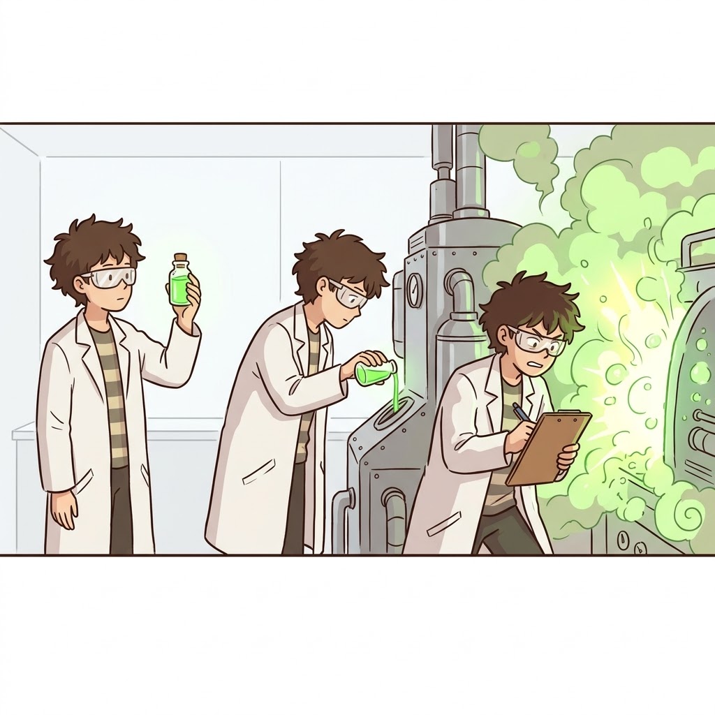 Carefully pouring the glowing green vial, the scientist took notes to record the dangerous chemical trial.