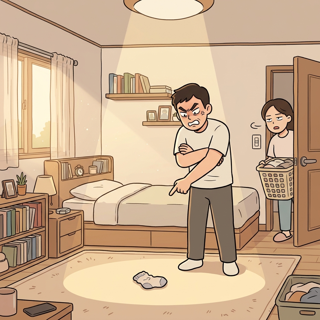 그는 양말 한 짝 놓인 걸 가지고 저렇게까지 화를 낸다.