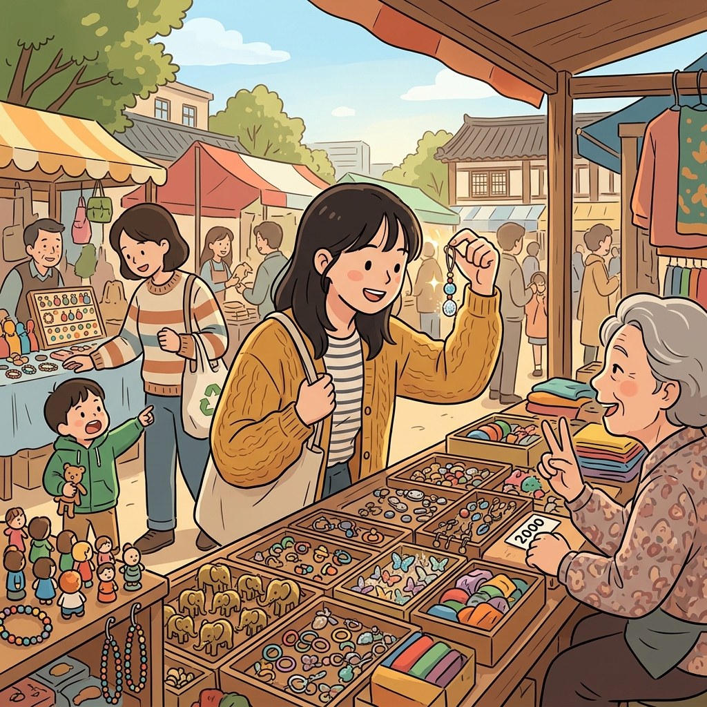 벼룩시장에서 반짝이는 싸구려 장신구를 하나 골랐다.