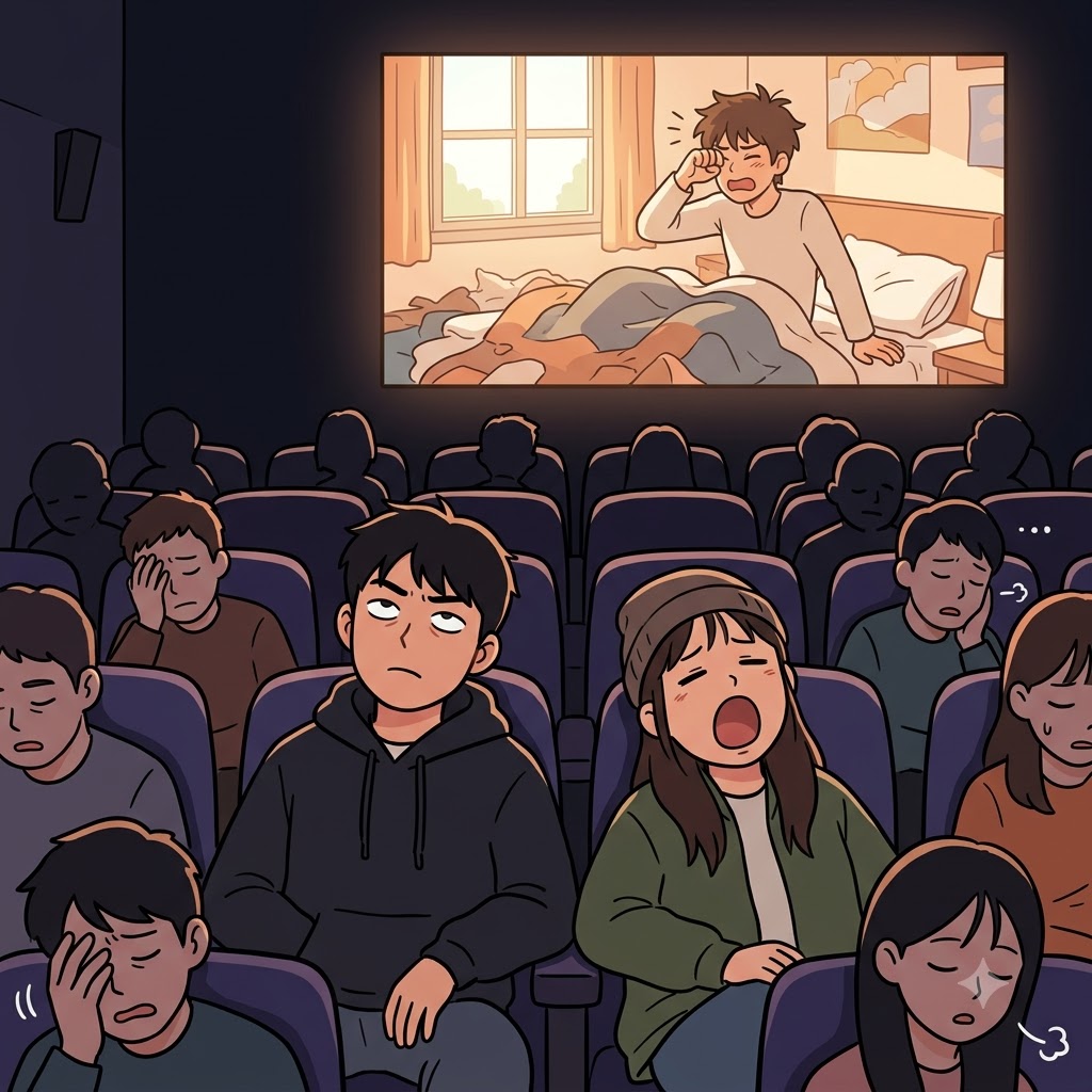 주인공이 또다시 꿈에서 깨어나는 장면을 보자, 관객들은 완전히 진부한(trite) 영화 결말에 크게 하품했다.