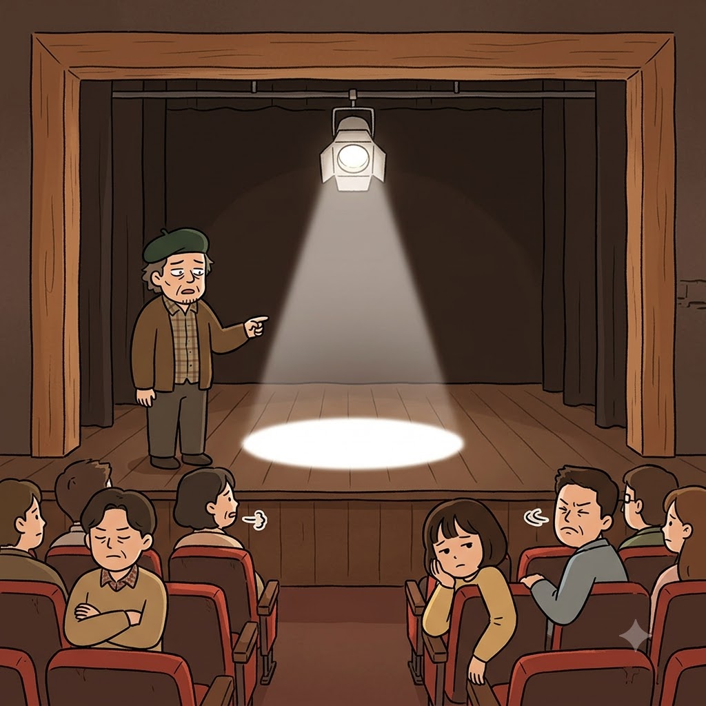 "틀(t)에 박힌 라이트(rite)잖아!" 감독이 선택한 평범하고 평면적인 조명은 매우 진부한(trite) 시각적 연출이었다.