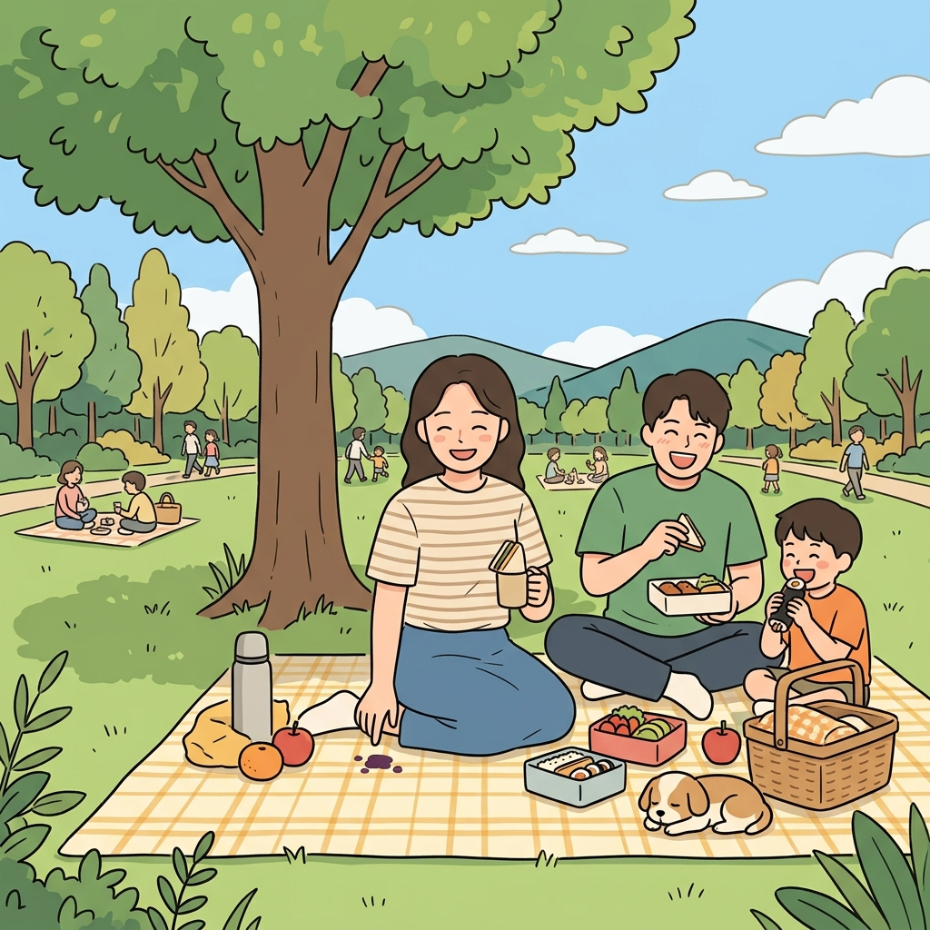 그녀는 사소한 얼룩은 신경 쓰지 않고 피크닉을 즐겼다. ("트리 비얼!" → 나무(tree) 잎에 묻은 작은 얼룩은 별것 아니다)