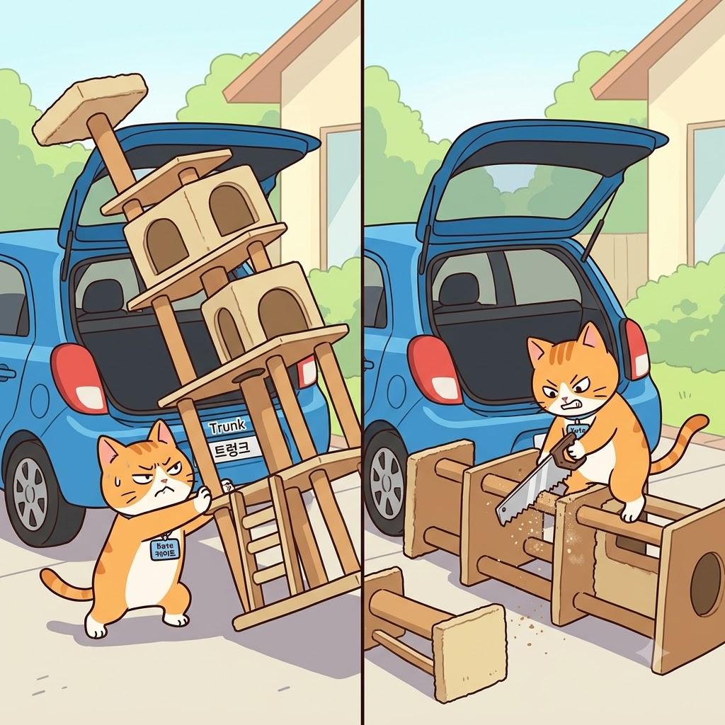 "트렁(trun)크에 안 들어가잖아!" 캣타워를 싣기 위해, 고양이 케이트(cate)는 톱으로 맨 위를 잘라내기로(truncate) 했다.