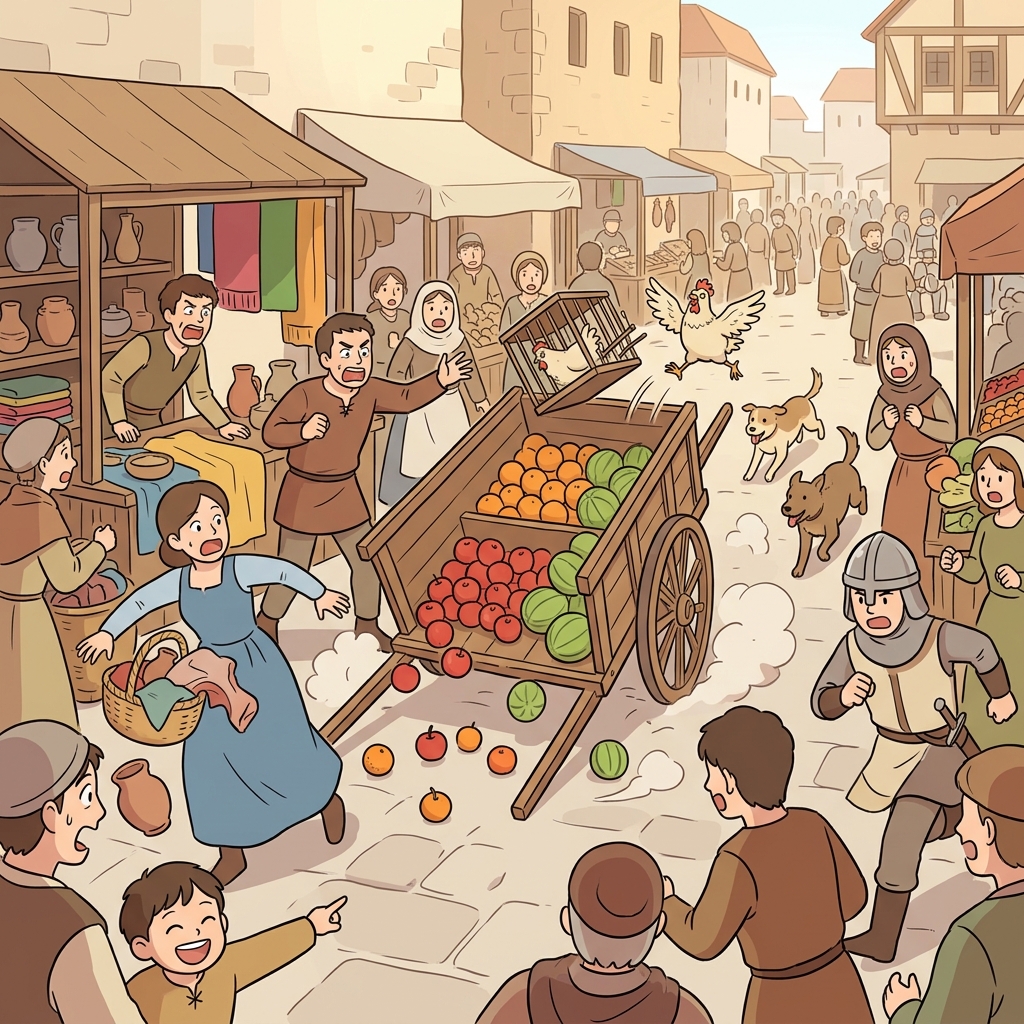 The marketplace erupted into tumult when the merchant's cart overturned.