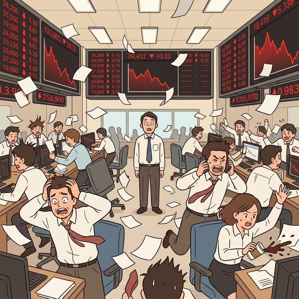 The trading floor fell into turmoil when the market suddenly crashed.