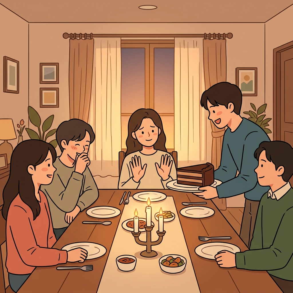 그녀는 디저트 한 조각을 더 권하자 정중히 거절했다.