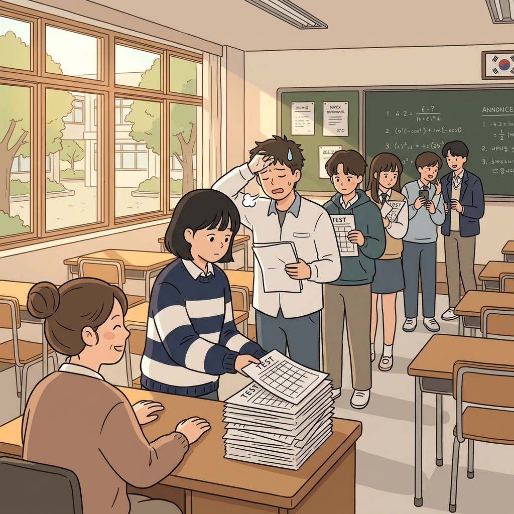 학생들이 시험지를 선생님께 제출한다.