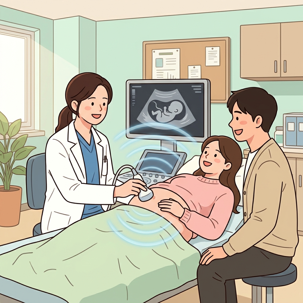 의사는 초음파 기술(ultrasonics)로 엄마 뱃속 아기를 안전하게 살펴보았다.