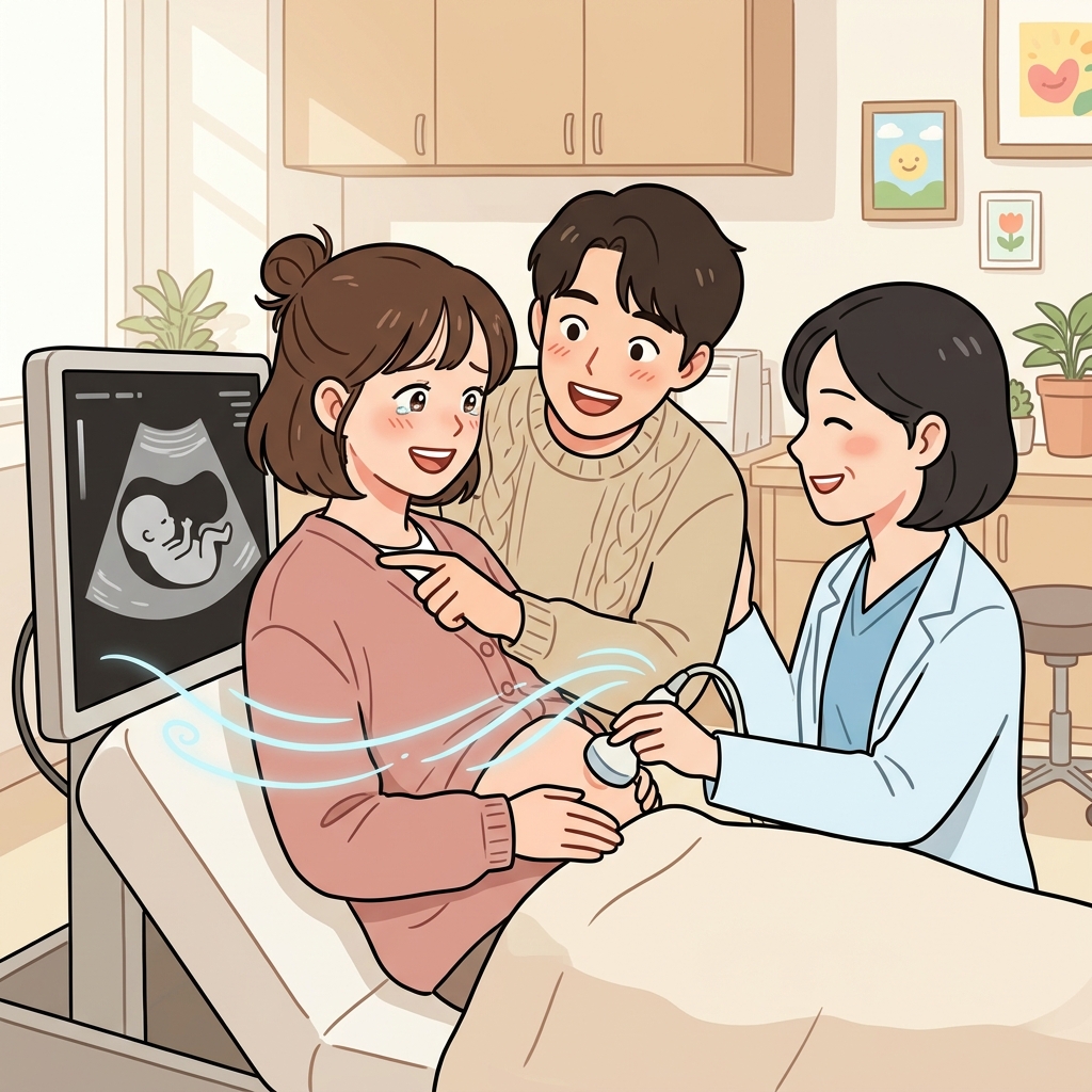 아빠는 초음파 화면으로 아기를 처음 보며 "울트라, 손!(Ultra, son!)"이라고 웃었다. ("Ultra, son!" → 초음파로 아들(son)을 처음 만난다.)