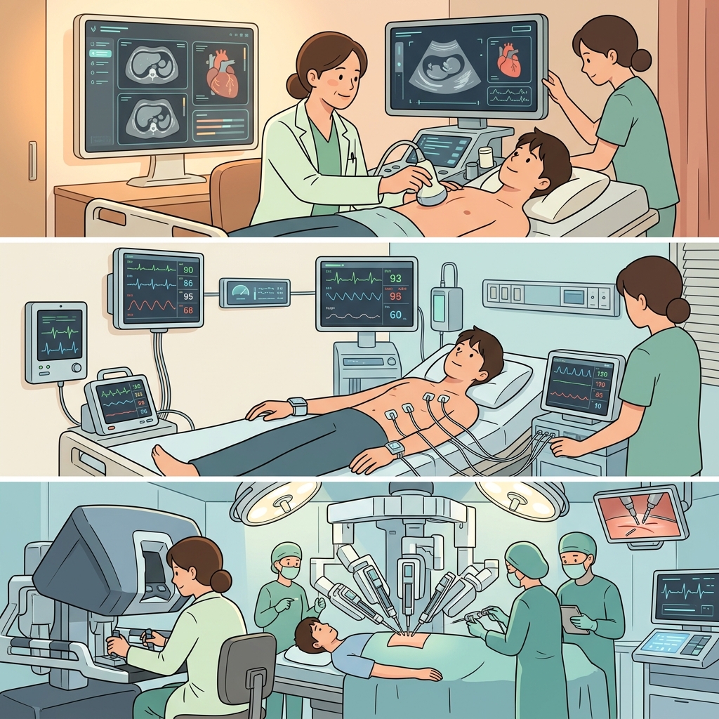 초음파 기술(ultrasonics), 전자공학(electronics), 그리고 로봇공학(robotics)은 정밀한 수술을 함께 수행했다.