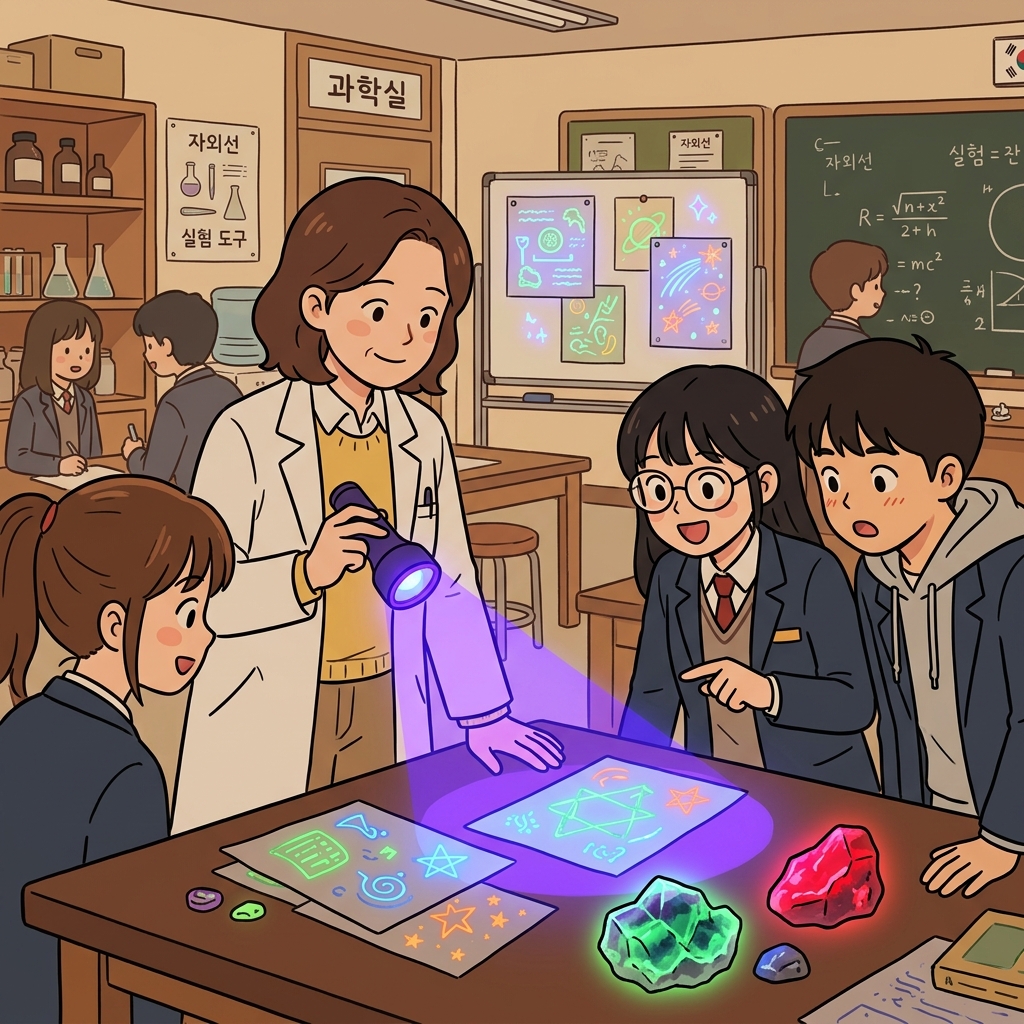 선생님은 "울트라! 바이올렛!"이라고 말하며 특수 조명으로 보이지 않는 자외선(ultraviolet)의 원리를 보여 주었다. (보라색(violet)보다 더(ultra) 바깥쪽에 있는 빛. → 보이지 않는 자외선.)