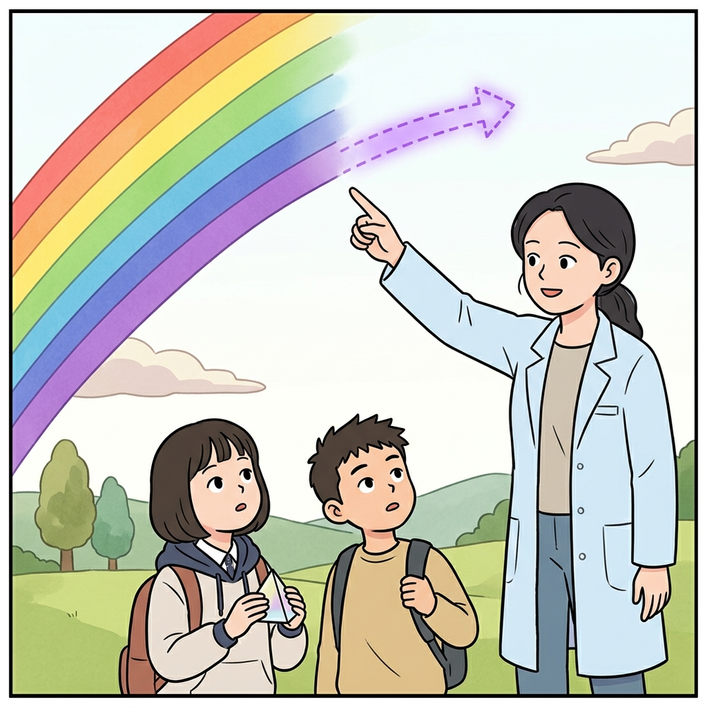 자외선(ultraviolet)은 가시광선에서 보라색(violet) 바로 바깥에 있는 빛이다.