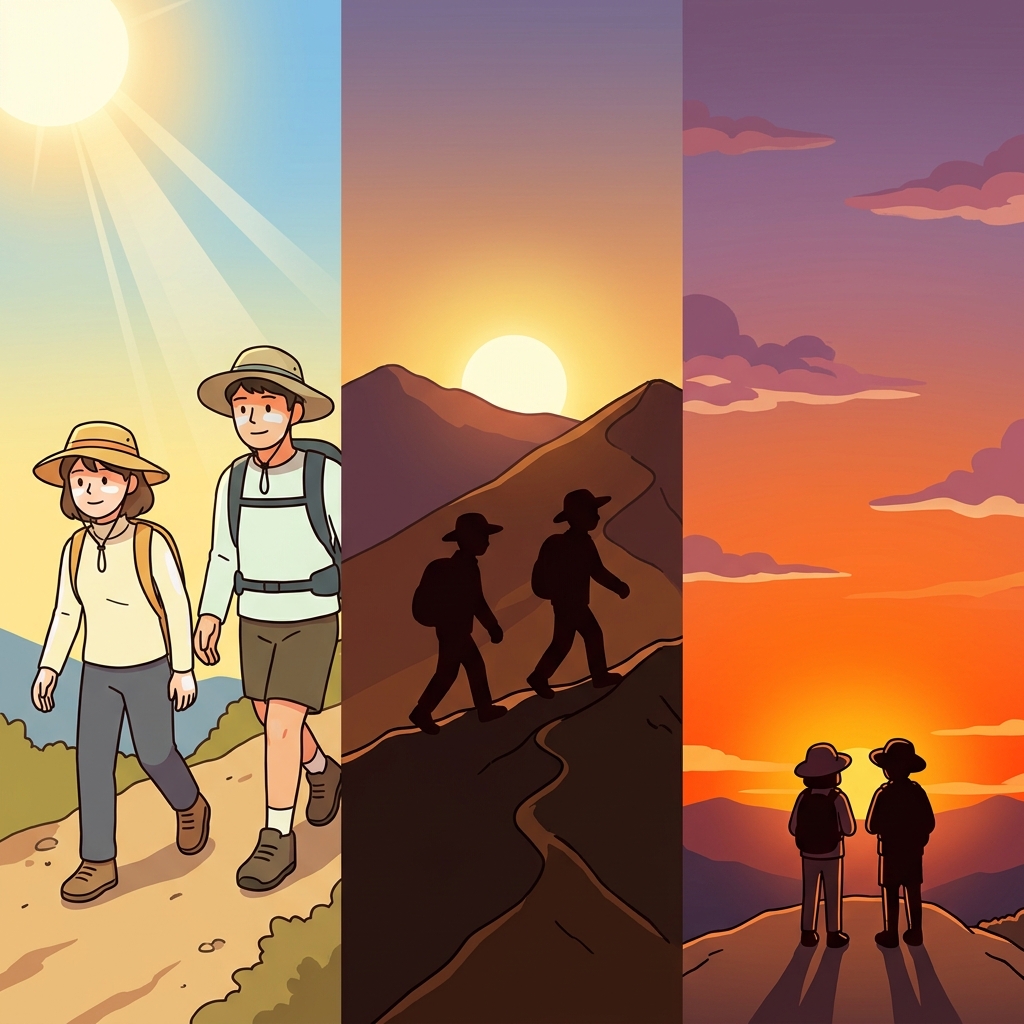 자외선(ultraviolet)이 약해질 무렵, 노을(sunset)을 배경으로 실루엣(silhouette)이 드러났다.