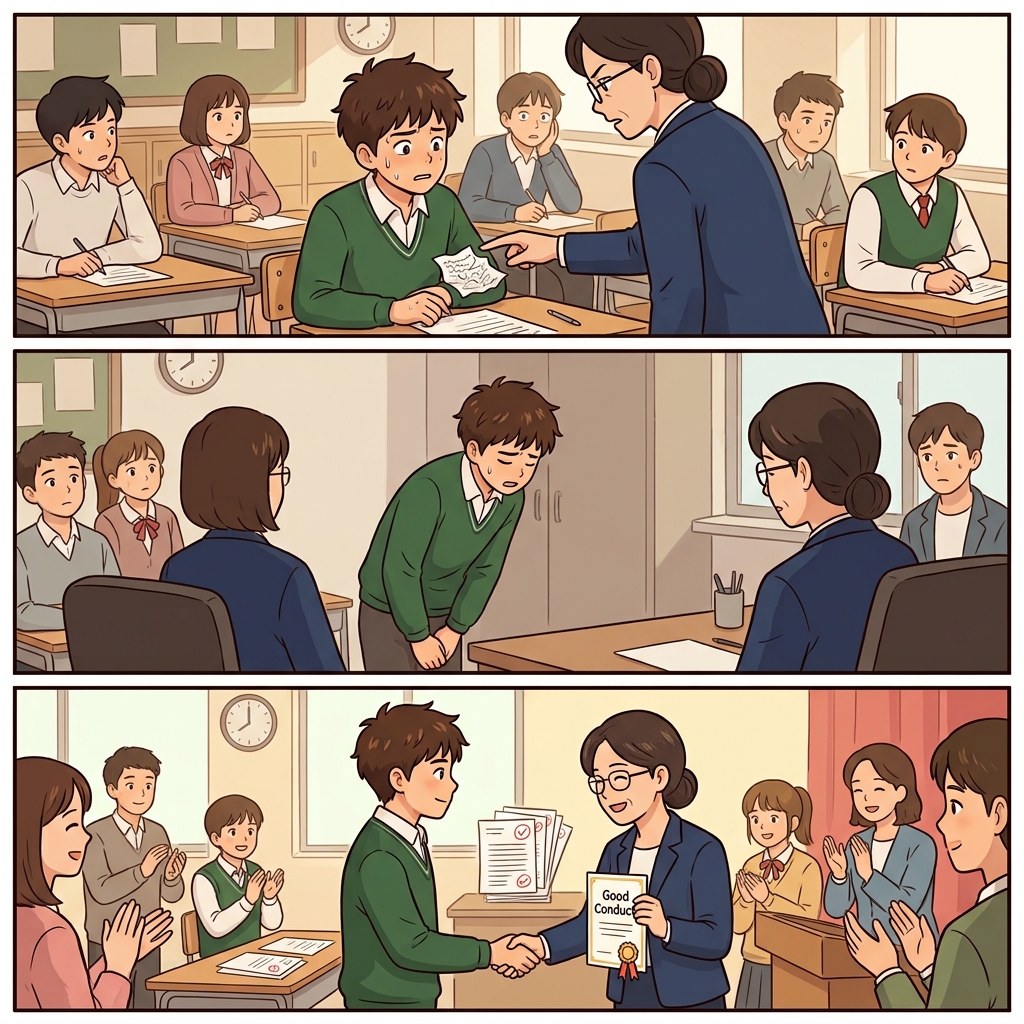용납할 수 없던(unacceptable) 행동은 학생이 잘못을 인정하고 명예롭게(honorable) 행동하면서 존경받을 만한(respectable) 모습으로 바뀌었다.