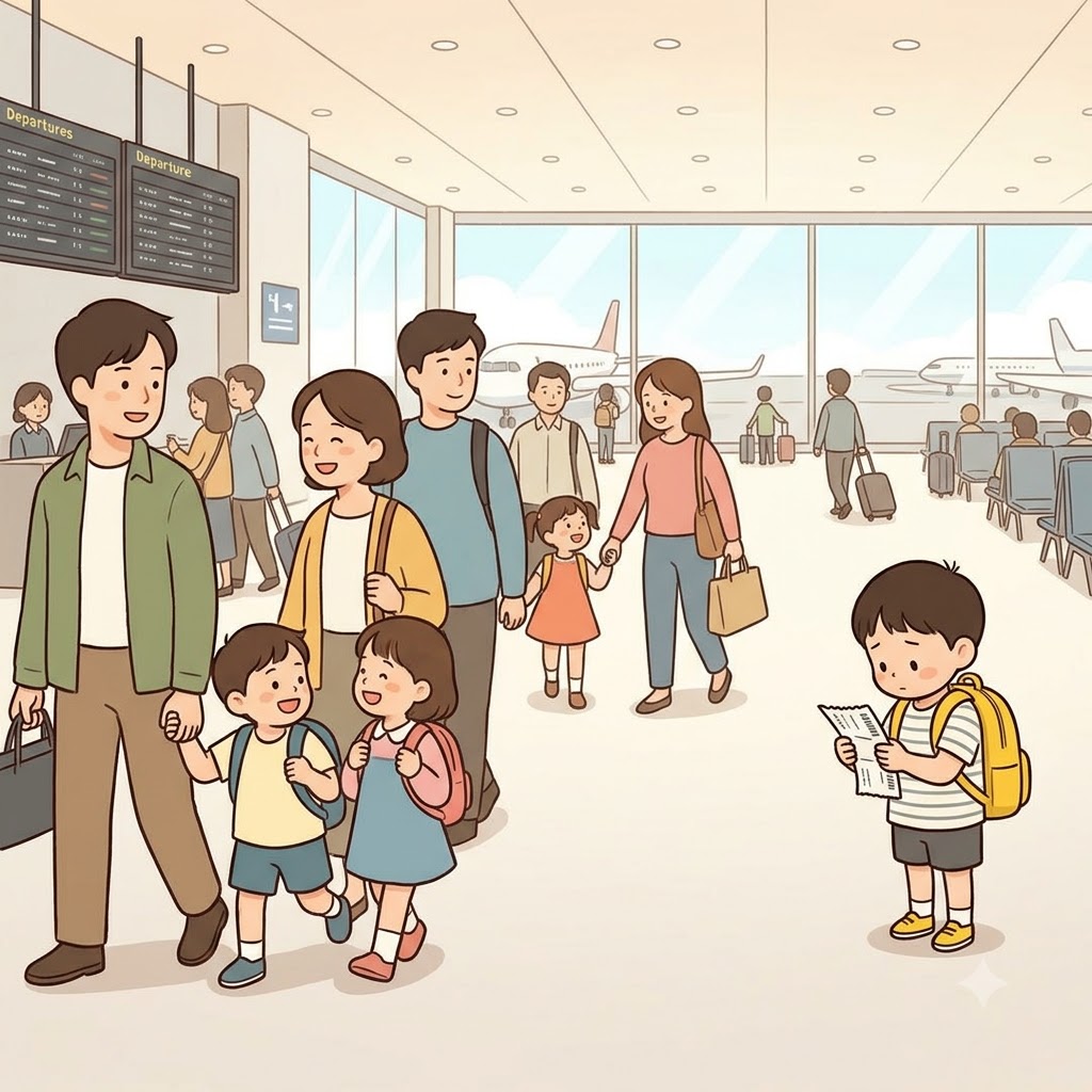 다른 아이들이 부모의 손을 잡고 있는 동안, 작은 소년은 완전히 동반자 없이(unaccompanied) 여행했다.