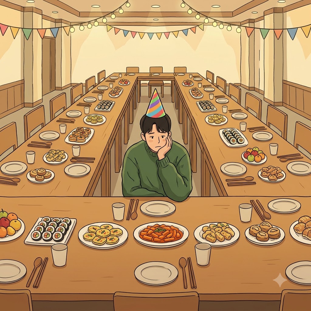 "어느(una) 컴퍼니(company/일행)도(ed) 안 왔잖아!" 그는 거대한 파티 테이블에 완전히 홀로(unaccompanied) 앉아 있었다.