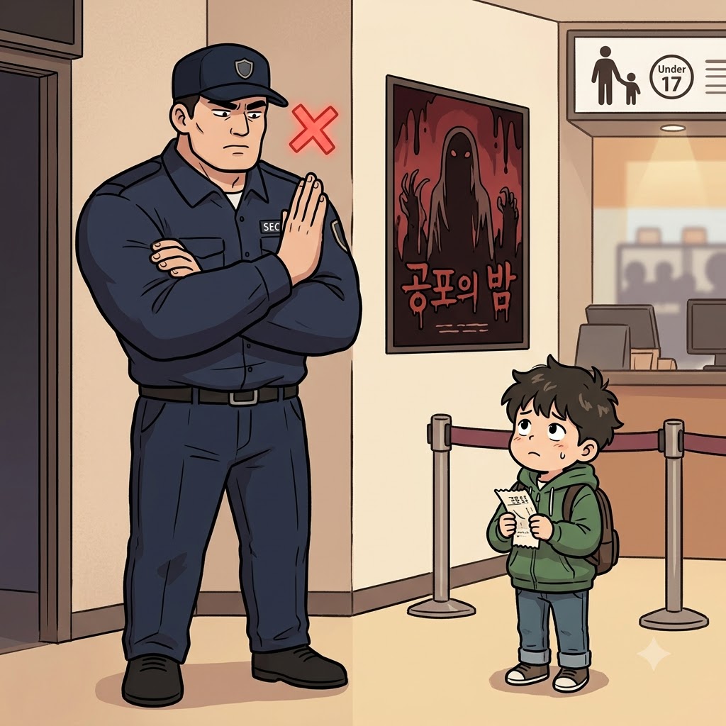 그는 완전히 동반자 없이(unaccompanied) 도착했기 때문에, 극장 입장이 엄격히 거부되었다(denied).