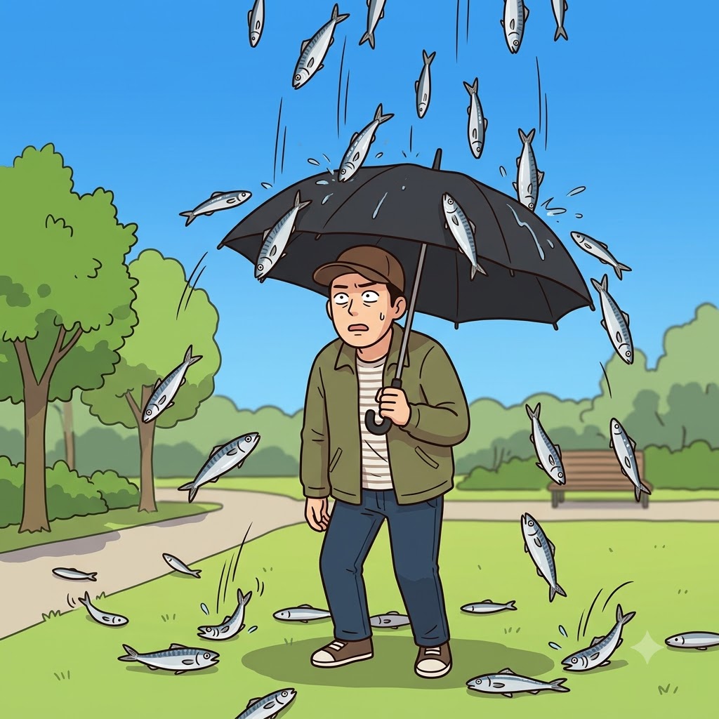 The sudden rain of live fish from the clear blue sky was a completely unaccountable phenomenon.