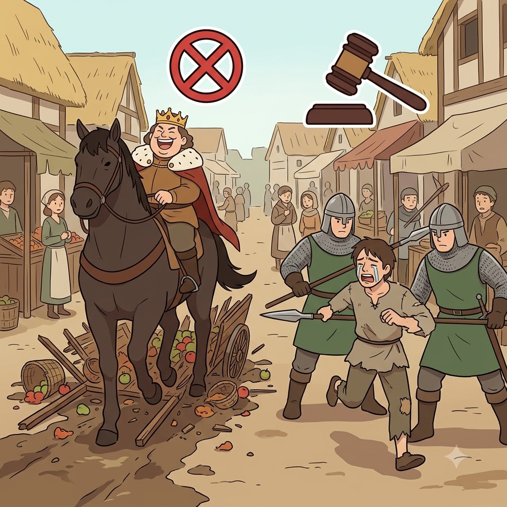 UN(not) + ACCOUNT(blame) + ABLE(capable) — the arrogant king was entirely UNABLE to be held to ACCOUNT for the crushed cart, remaining completely unaccountable.