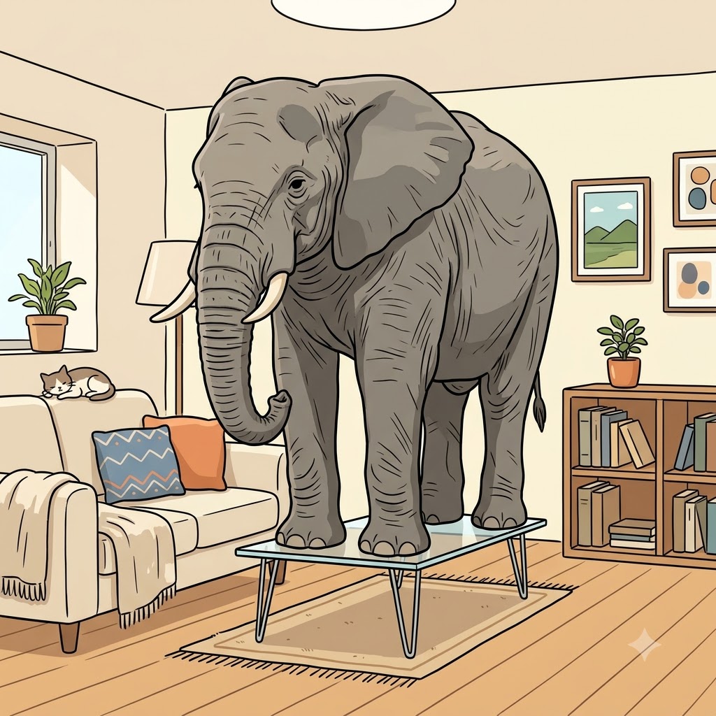 The massive grey elephant balancing perfectly on the fragile glass table was a completely unaccountable mystery.