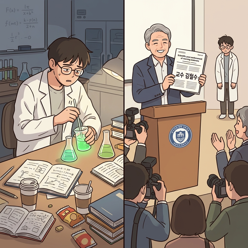 대학(college)에서 훌륭한 연구를 해냈음에도, 논문에서 그의 이름은 철저히 배제되어 인정받지 못했다(unacknowledged).