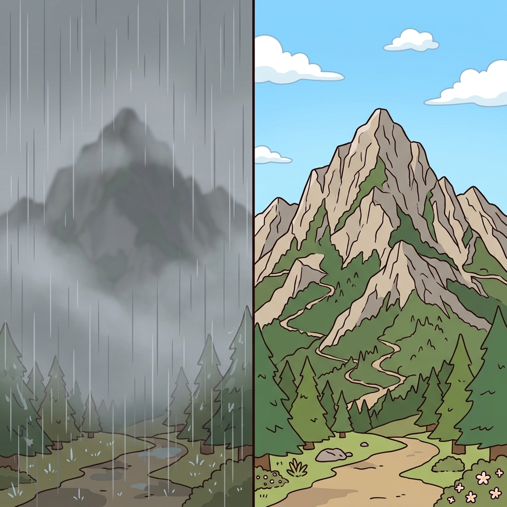 After hours of continuous rain, the shape of the mountain finally became unambiguous.