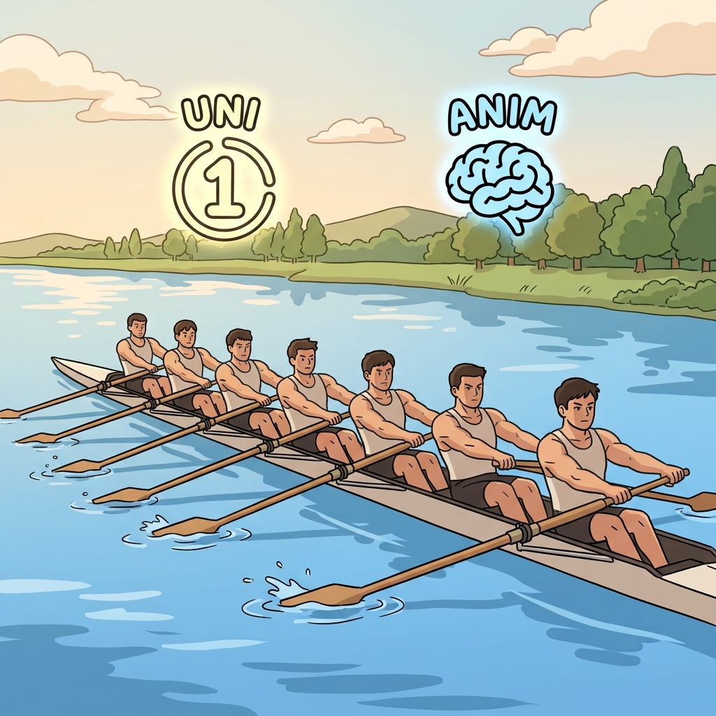 UNI(one) + ANIM(mind) — the eight rowers moved their oars unanimously with ONE mind.