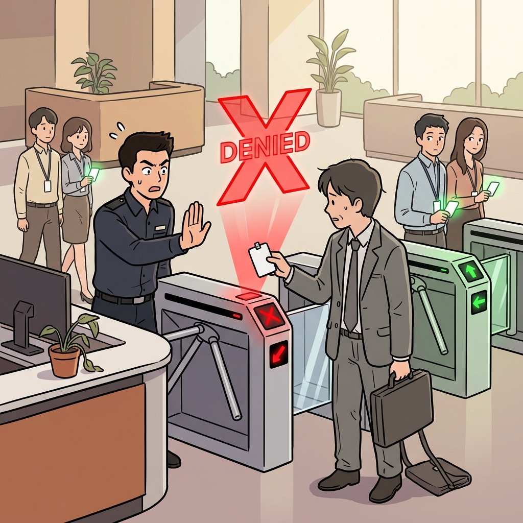 The guard blocks the visitor because his badge is unauthenticated.