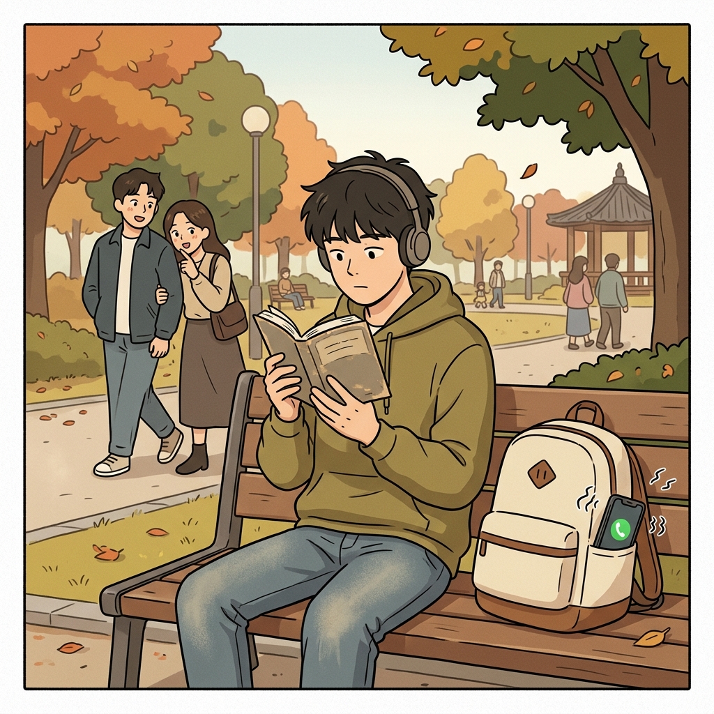 그는 휴대전화가 울리는 것도 모르고 있었다. ("어? Where?" 무슨 일이 일어났는지 모른다. → 모르는, 눈치채지 못한)