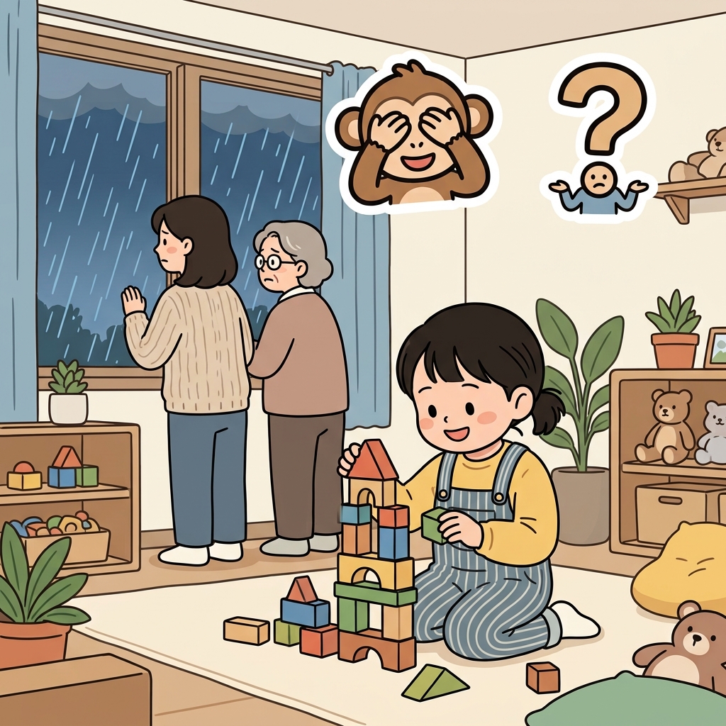 아이는 밖에 비가 오는 줄도 모르고 있었다.