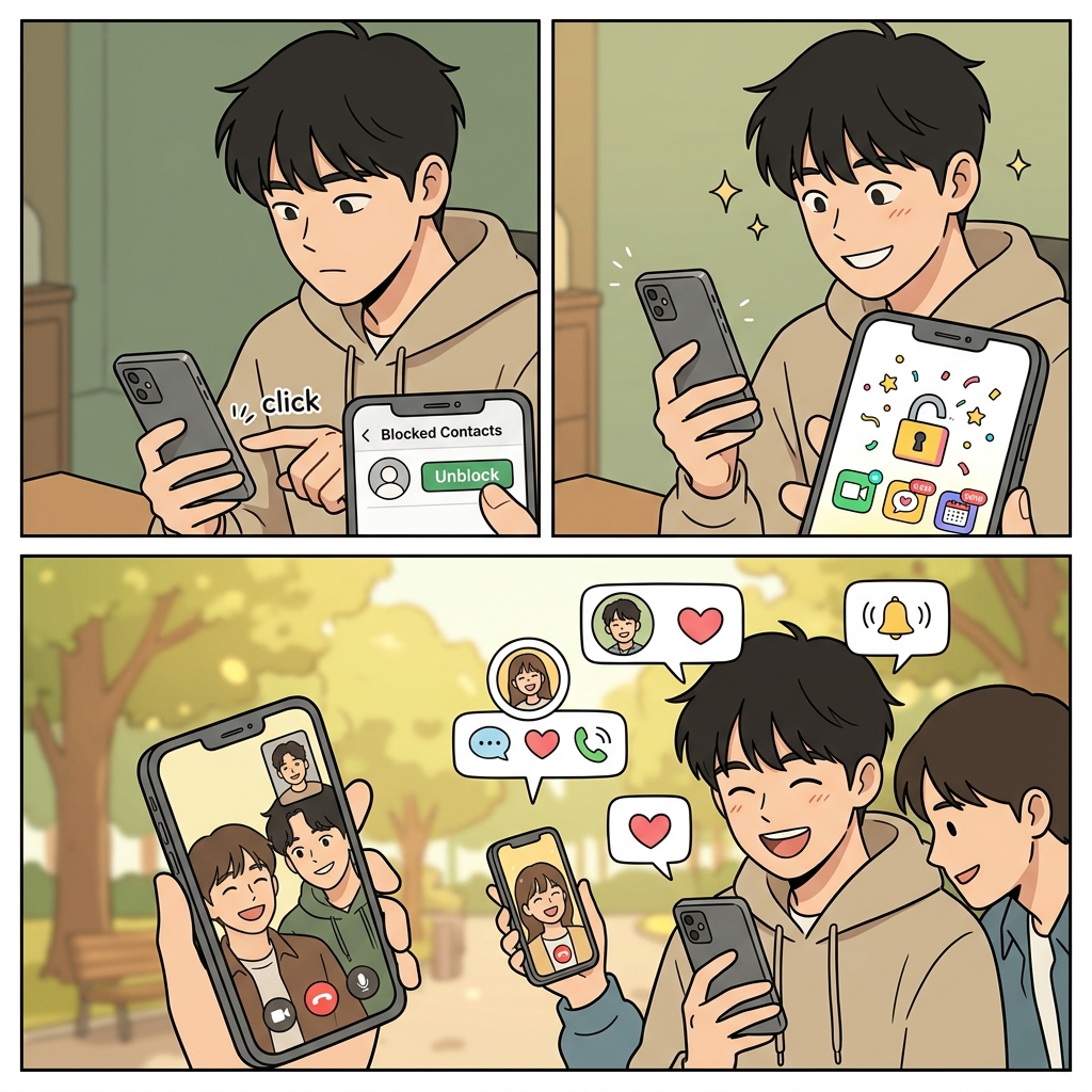 먼저 차단을 해제(unblock)하고, 기능을 잠금 해제(unlock)한 뒤, 친구들과 다시 연결(reconnect)된다.