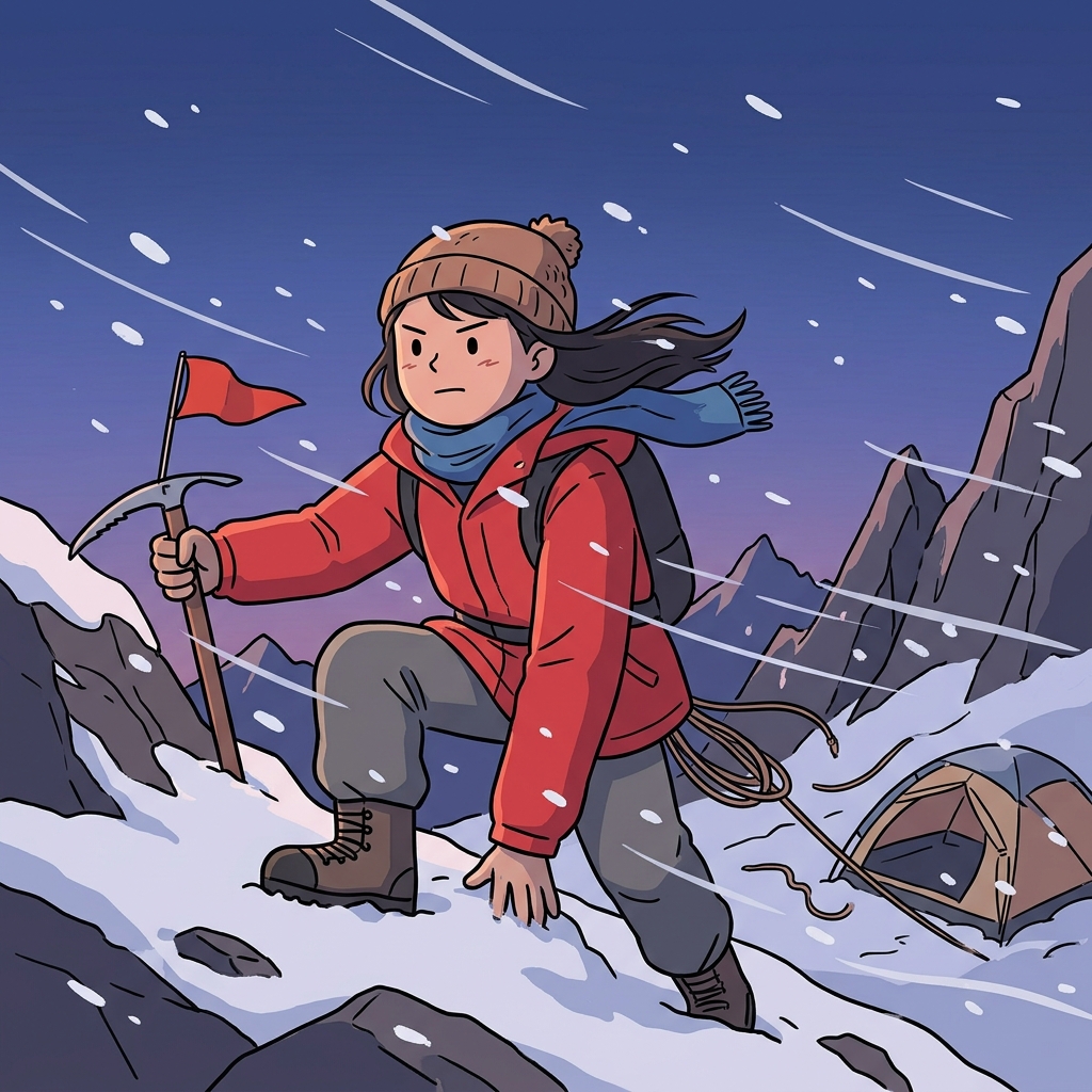 The young climber remained undaunted despite the roaring blizzard on the summit.