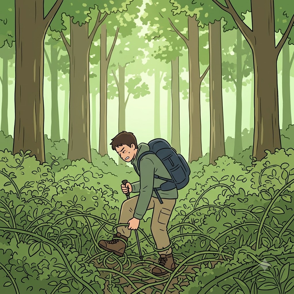 위쪽의 키 큰 나무들은 시원한 그늘을 제공했지만, 아래쪽의 빽빽한 덤불(underbrush)은 등산객의 다리를 완전히 얽어맸다.