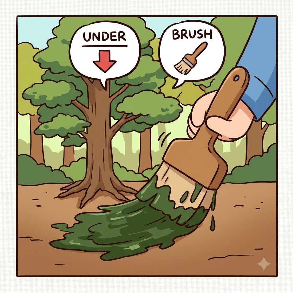 UNDER(아래에) + BRUSH(붓) — 화가는 두꺼운 붓(BRUSH)을 사용해 나무 아래(UNDER)에 짙은 녹색을 칠하며, 빽빽한 덤불(underbrush)을 만들어냈다.