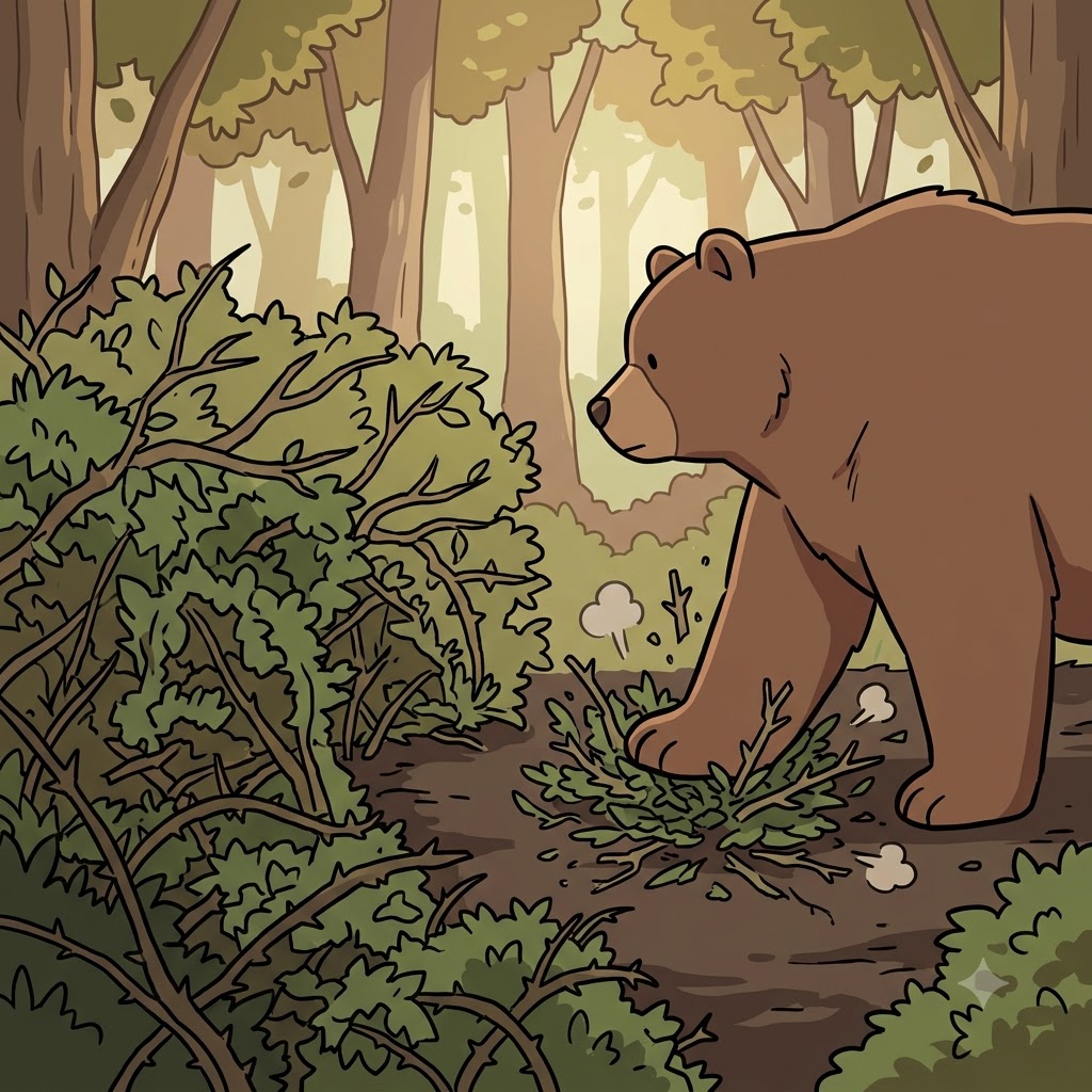거대한 곰이 앞으로 발을 내디뎌 빽빽한 덤불(underbrush)을 격렬하게 짓밟아 뭉개며(crush), 숲속에 평평한 길을 쉽게 만들었다.