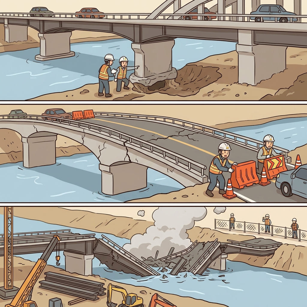 Hidden damage undermined the bridge, weakened it, and caused its collapse.