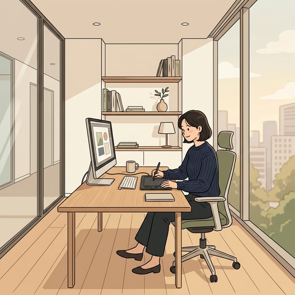 그녀의 절제된 사무실은 깔끔하고 단순했지만 매우 전문적으로 보였다. ("언더 스타일!" → 튀지 않는 언더(차분한) 스타일이 더 세련돼 보인다)