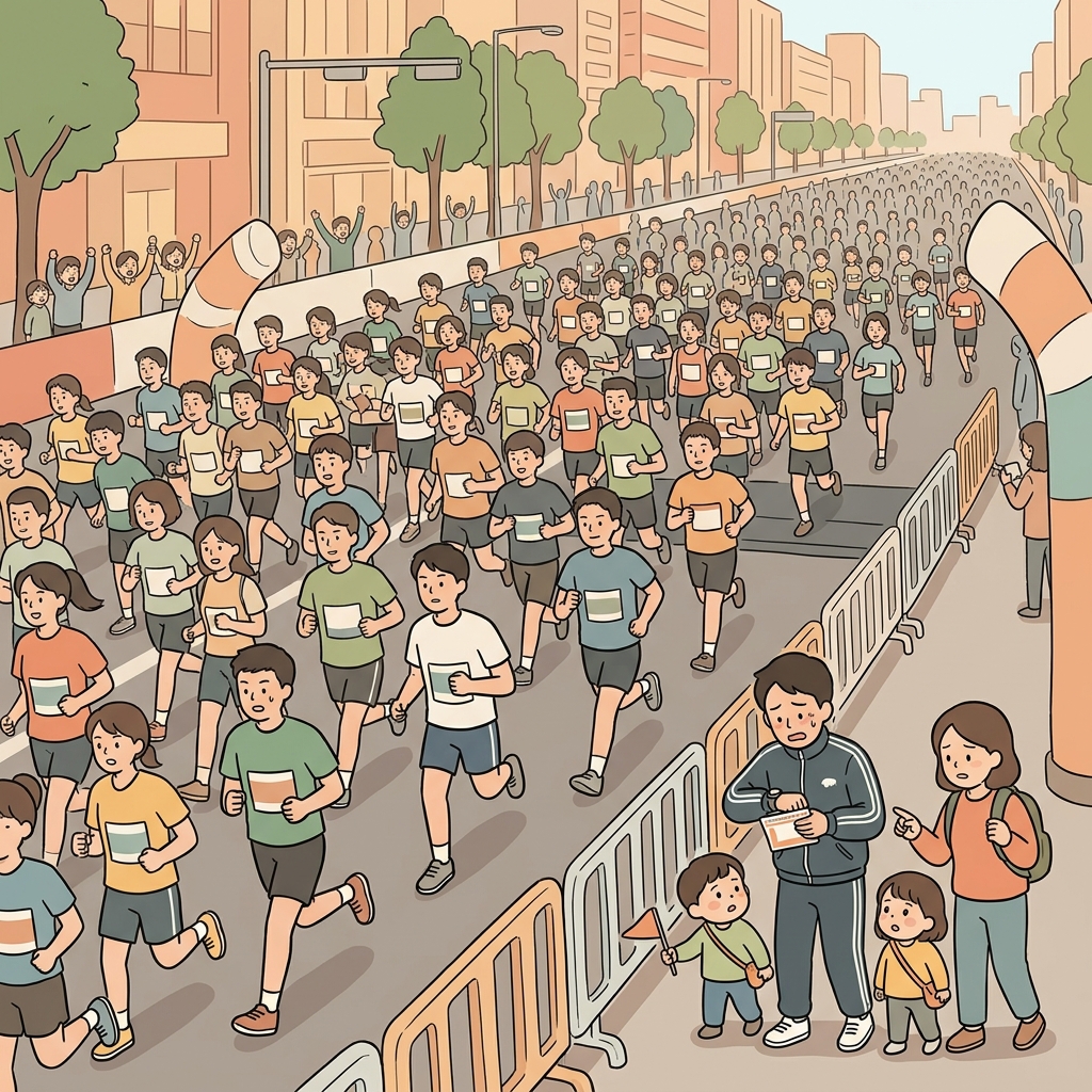 우리가 공원에 도착했을 때 마라톤은 이미 진행 중이었다. ("언더(Under)로 가는 길(Way)이 이미 열렸다!" → 이미 시작되어 진행 중이다)